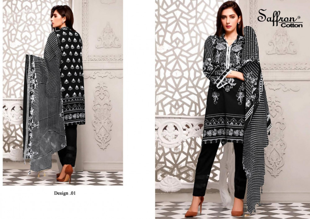 Saffron Cotton Black And White Eid Collection Dress Material Catalog