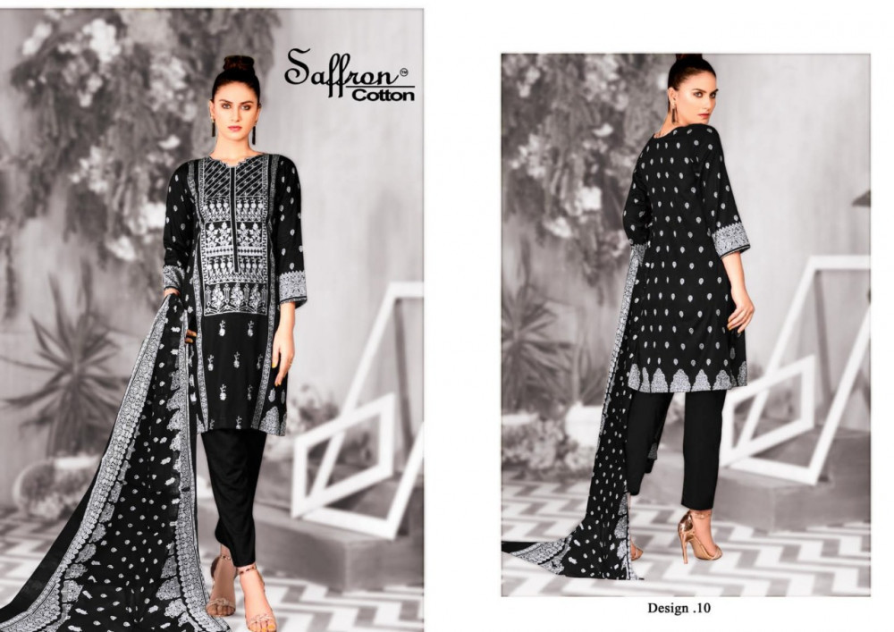 Saffron Cotton Black And White Eid Collection Dress Material Catalog