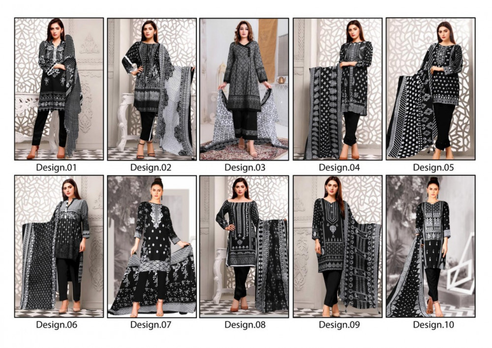 Saffron Cotton Black And White Eid Collection Dress Material Catalog