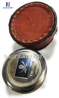 Brass Compass Pirates of Caribbean Jack Sparrow 2 Inch Pocket Antique Gift W/Embossed Beautiful Leather Case