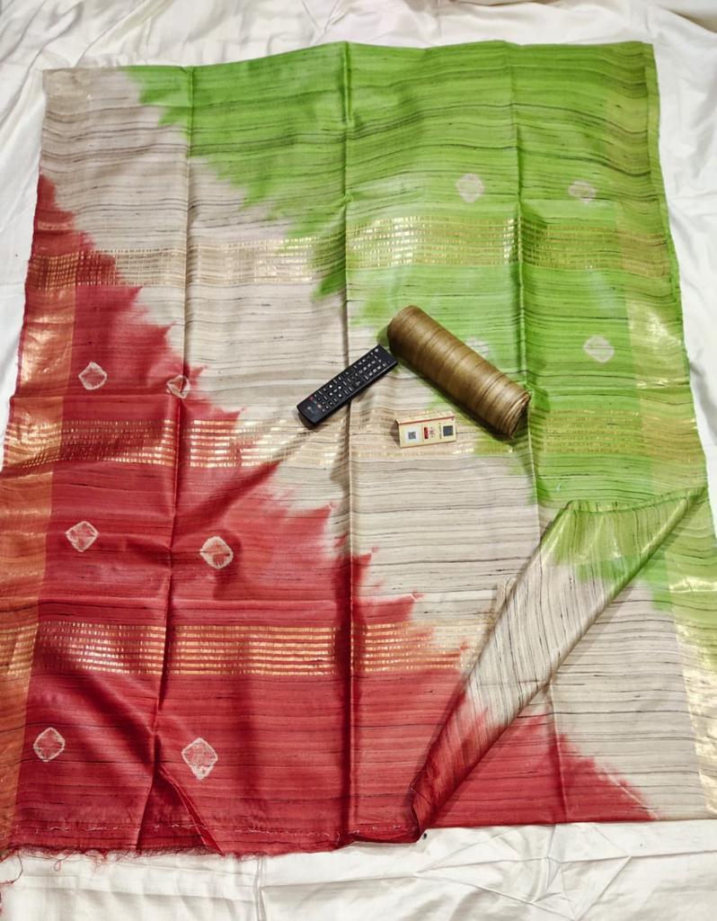 Shibori Printed Pure Tussar Gheecha Silk Saree