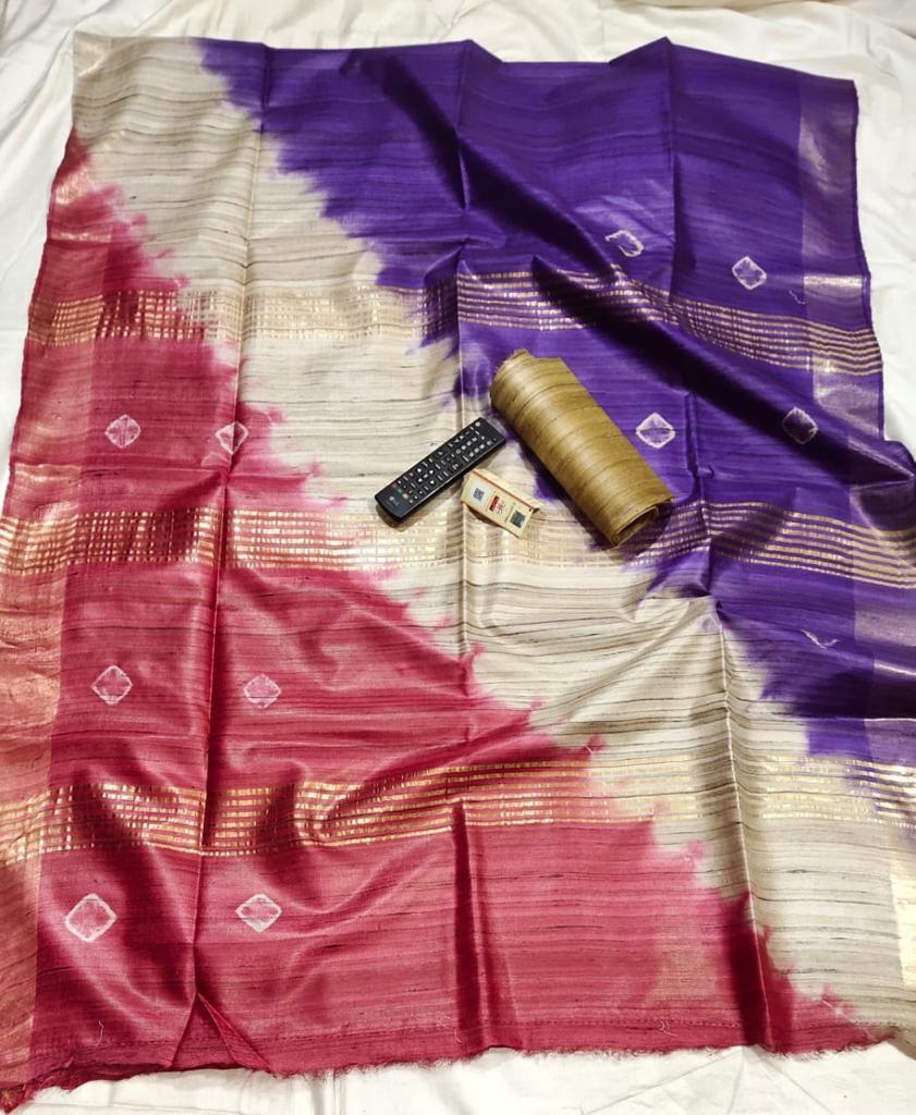 Shibori Printed Pure Tussar Gheecha Silk Saree