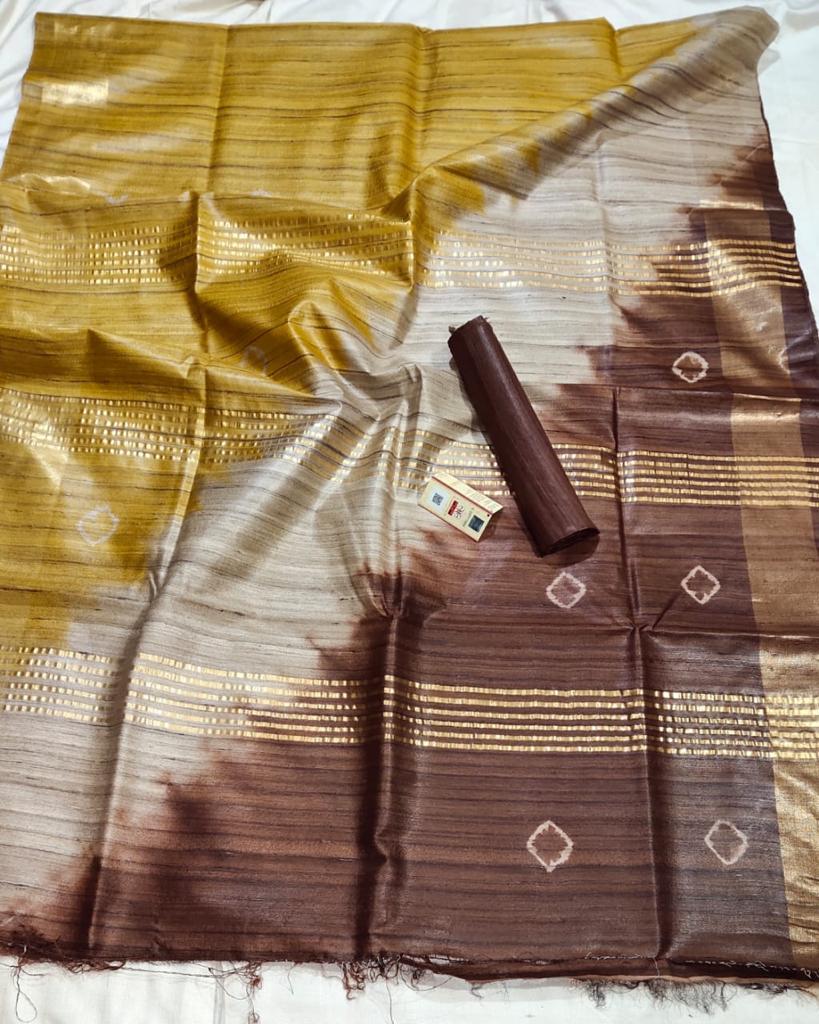Shibori Printed Pure Tussar Gheecha Silk Saree