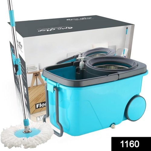 Blue 1160 Heavy Duty Microfiber Spin Mop With Plastic Bucket (Multicolour)