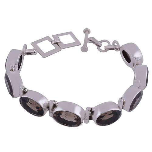 SMOKEY QUARTZ NATURAL GEMSTONE 925 STERLING SOLID SILVER OVAL CUT STONE HANDMADE BRACELET