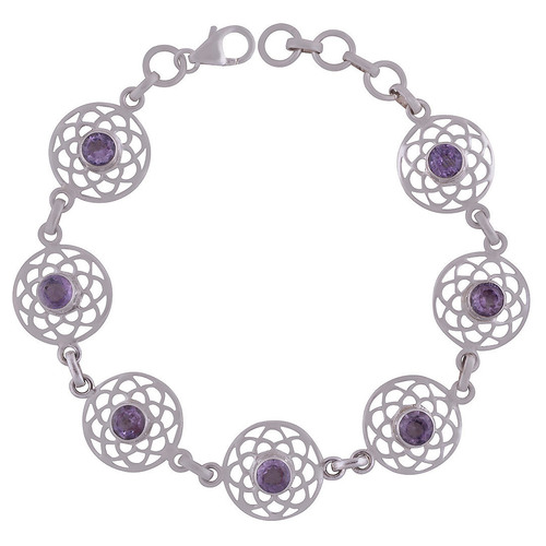 AMETHYST NATURAL GEMSTONE 925 STERLING SOLID SILVER ROUND CUT STONE JALI HANDMADE BRACELET