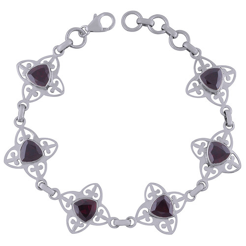 GARNET NATURAL GEMSTONE 925 STERLING SOLID SILVER TRIANGLE CUT STONE JALI HANDMADE BRACELET