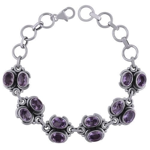 AMETHYST NATURAL GEMSTONE 925 STERLING SOLID SILVER OVAL CUT STONE HANDMADE BRACELET