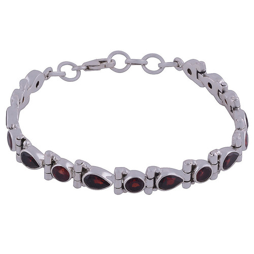 GARNET NATURAL GEMSTONE 925 STERLING SOLID SILVER PEAR/ROUND CUT STONE HANDMADE BRACELET