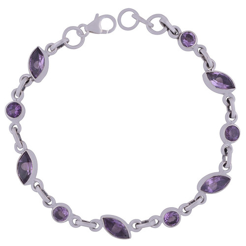 AMETHYST NATURAL GEMSTONE 925 STERLING SOLID SILVER ROUND/MARQUISE CUT STONE HANDMADE BRACELET