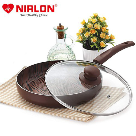 Nirlon Non Stick Aluminium Non Induction Woody Fry Pan with Glass Lid