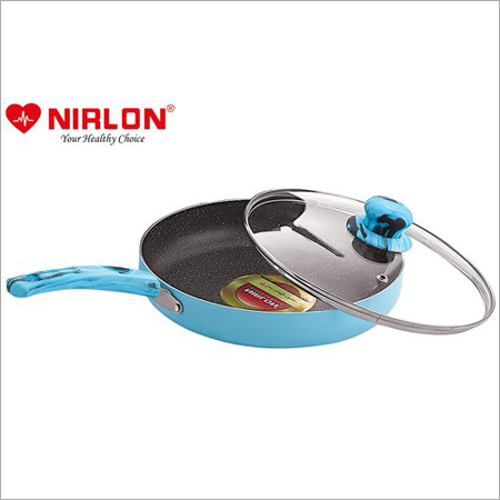 Nirlon Non Stick Aluminium Non Induction Blue Sea Fry Pan with Glass Lid