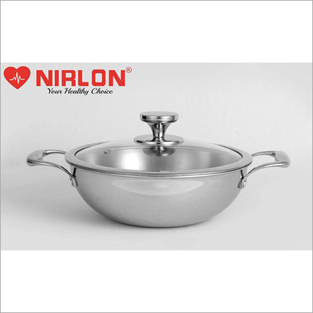 20cm Nirlon Platinum Triply Stainless Steel Deep Kadai with Glass Lid