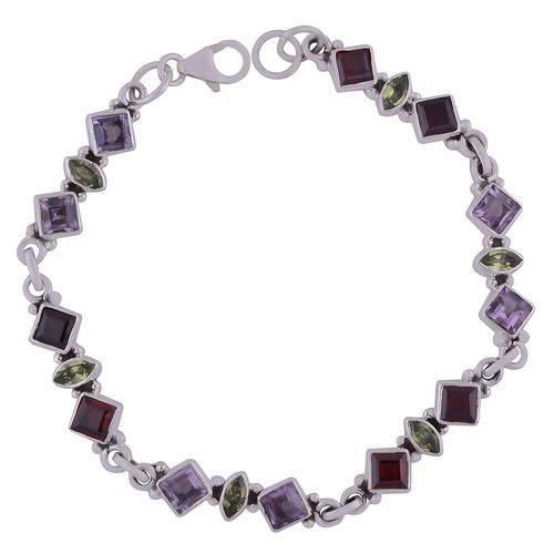 MULTIPLE NATURAL GEMSTONES 925 STERLING SOLID SILVER SQUARE/MARQUISE CUT STONE HANDMADE BRACELET