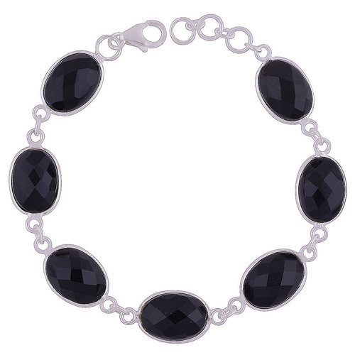 BLACK ONYX NATURAL GEMSTONE 925 STERLING SOLID SILVER OVAL CUT STONE HANDMADE BRACELET