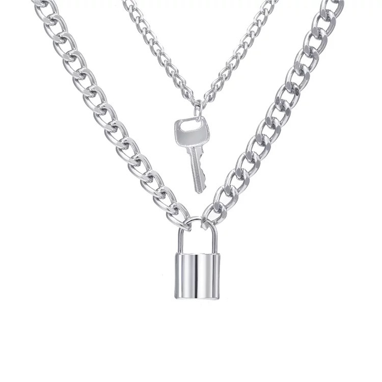 Vembley Stunning Silver Plated Double Layered Lock and Key Pendant Necklace for Women and Girls