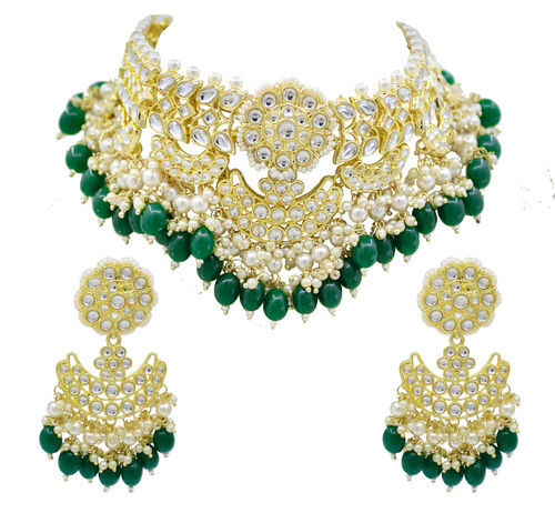 Glorious Design Green Color Kundan Gold Plated Choker Necklace Set Drop Earrings