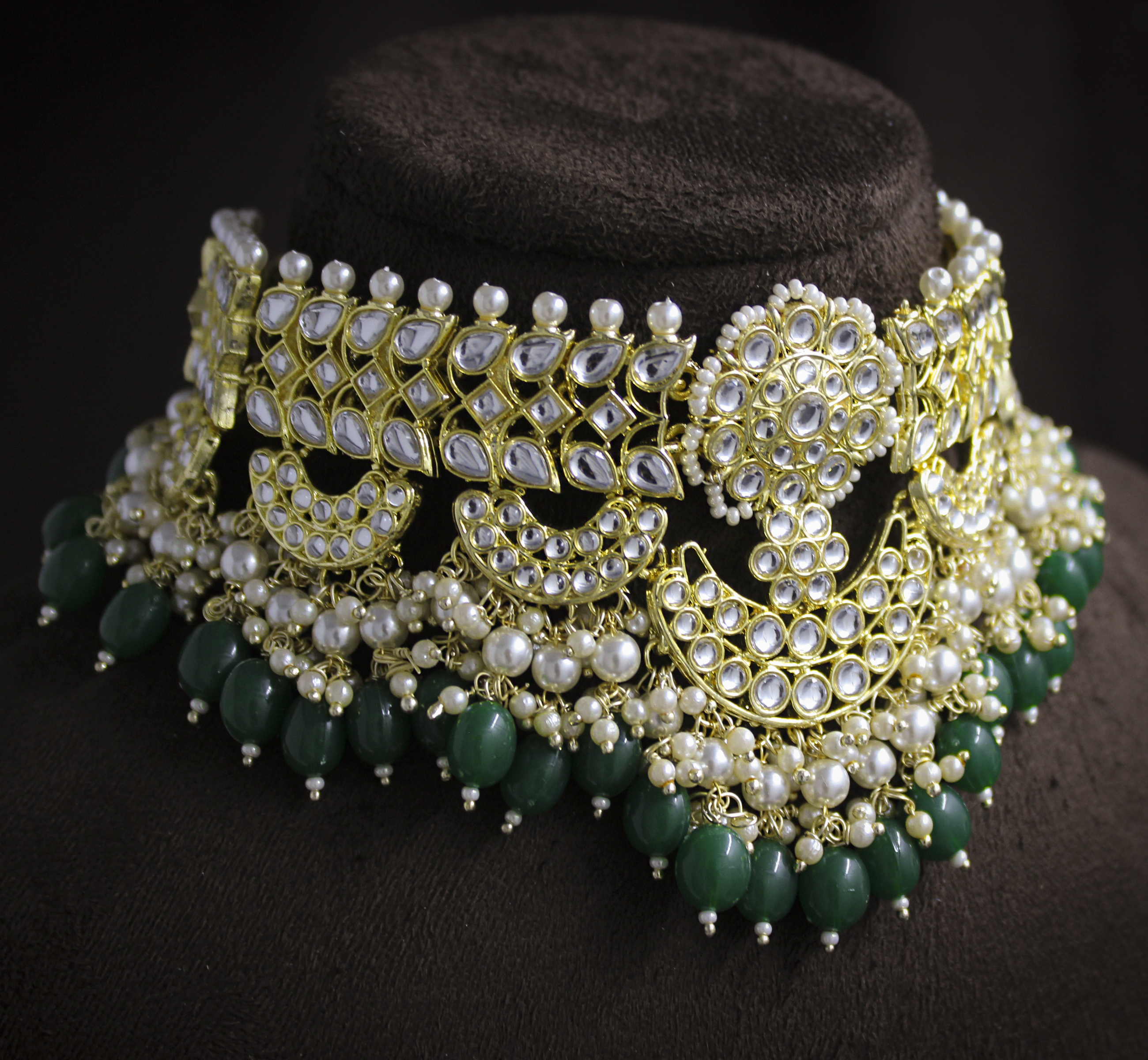 Glorious Design Green Color Kundan Gold Plated Choker Necklace Set