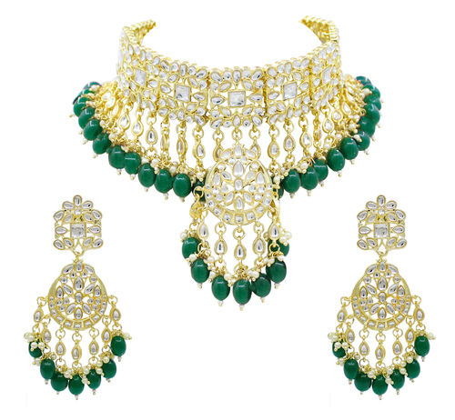 Trendy Kundan Green Color Wedding Jewellery Choker Necklace And Earring Jewellery Set Gender: Women