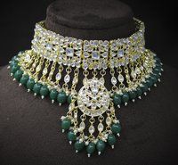 Trendy Kundan Green Color Wedding Jewellery choker necklace and Earring Jewellery Set