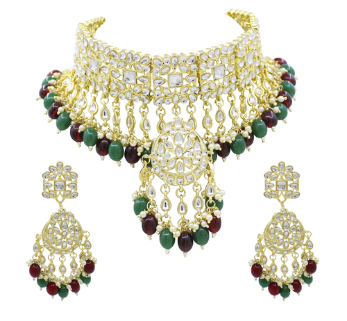 Trendy Kundan Multi Color Gold Plated Wedding Jewellery Choker Necklace And Earring Set Gender: Women