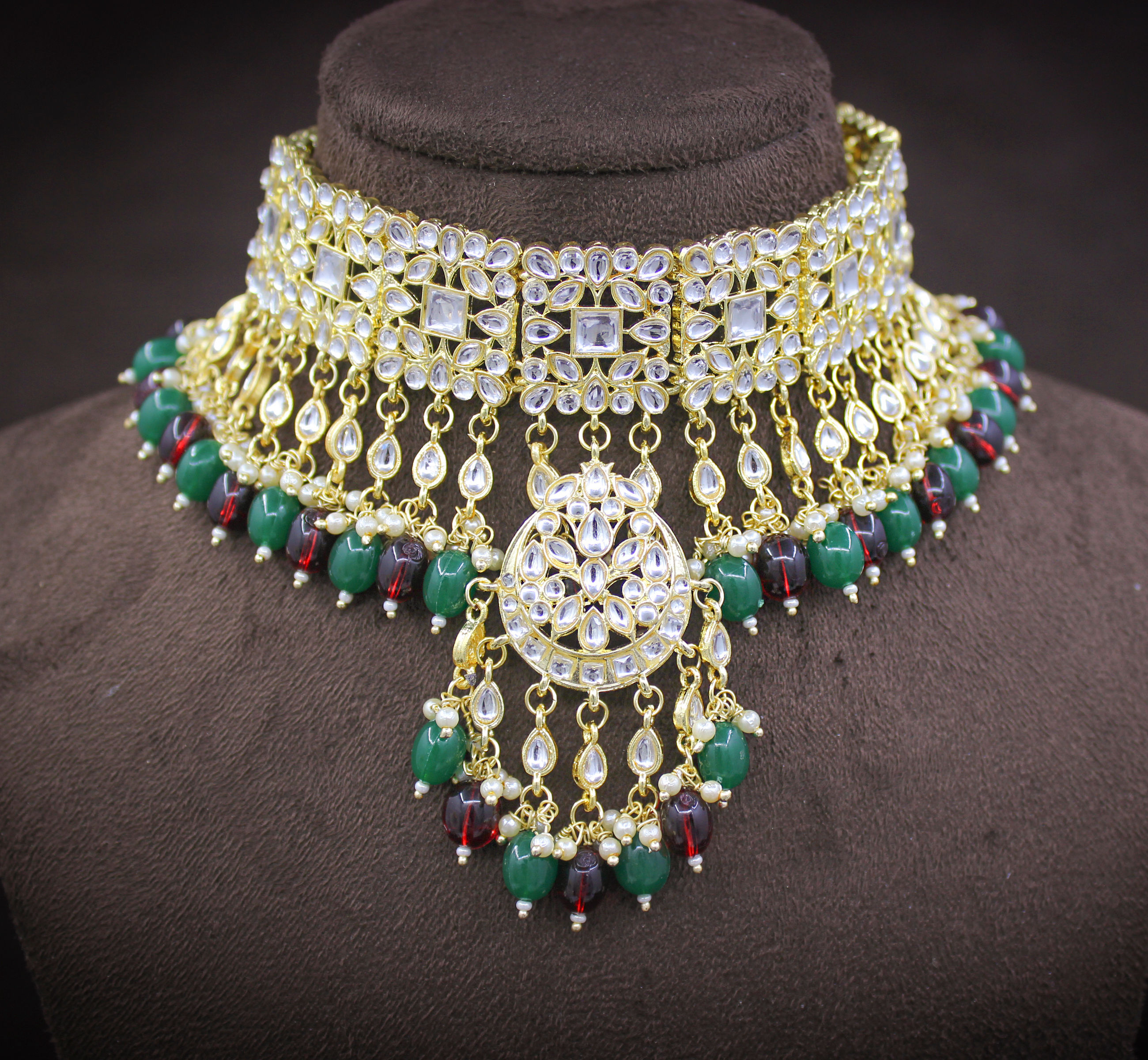 Trendy Kundan Multi Color Gold Plated Wedding Jewellery Choker Necklace And Earring Set