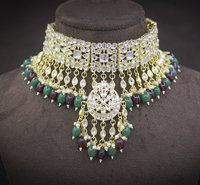 Trendy Kundan Multi Color Gold Plated Wedding Jewellery Choker Necklace And Earring Set