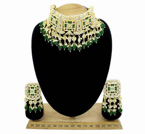 Meenakari Kundan & Beads Green Choker Necklace Earring Jewellery Set Gender: Women