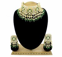 Meenakari Kundan & Beads Green Choker Necklace Earring Jewellery Set