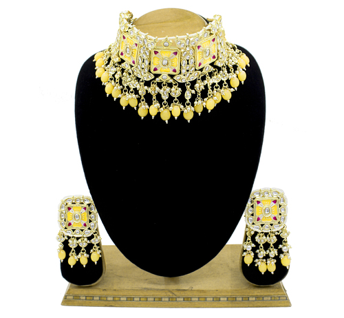 Meenakari Kundan Yellow Color Choker Necklace Earring Jewellery Set