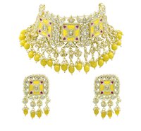 Meenakari Kundan Yellow Color Choker Necklace Earring Jewellery Set