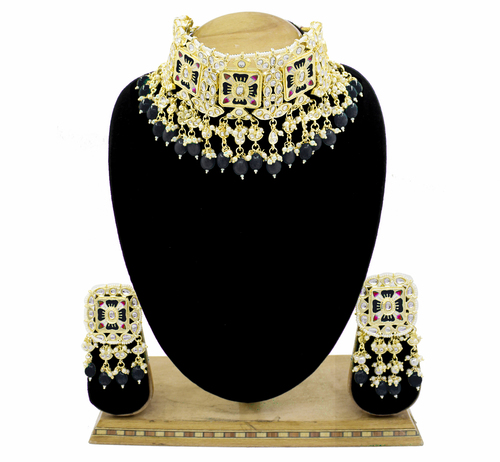 Meenakari Kundan & Beads Gold Plated Black Color Choker Necklace Set Drop Earrings