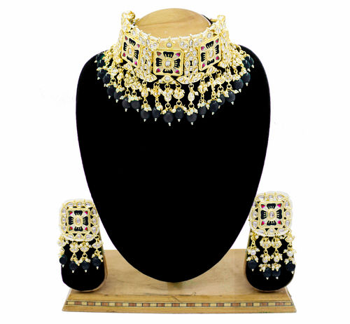 Meenakari Kundan & Beads Gold Plated Black Color Choker Necklace Set