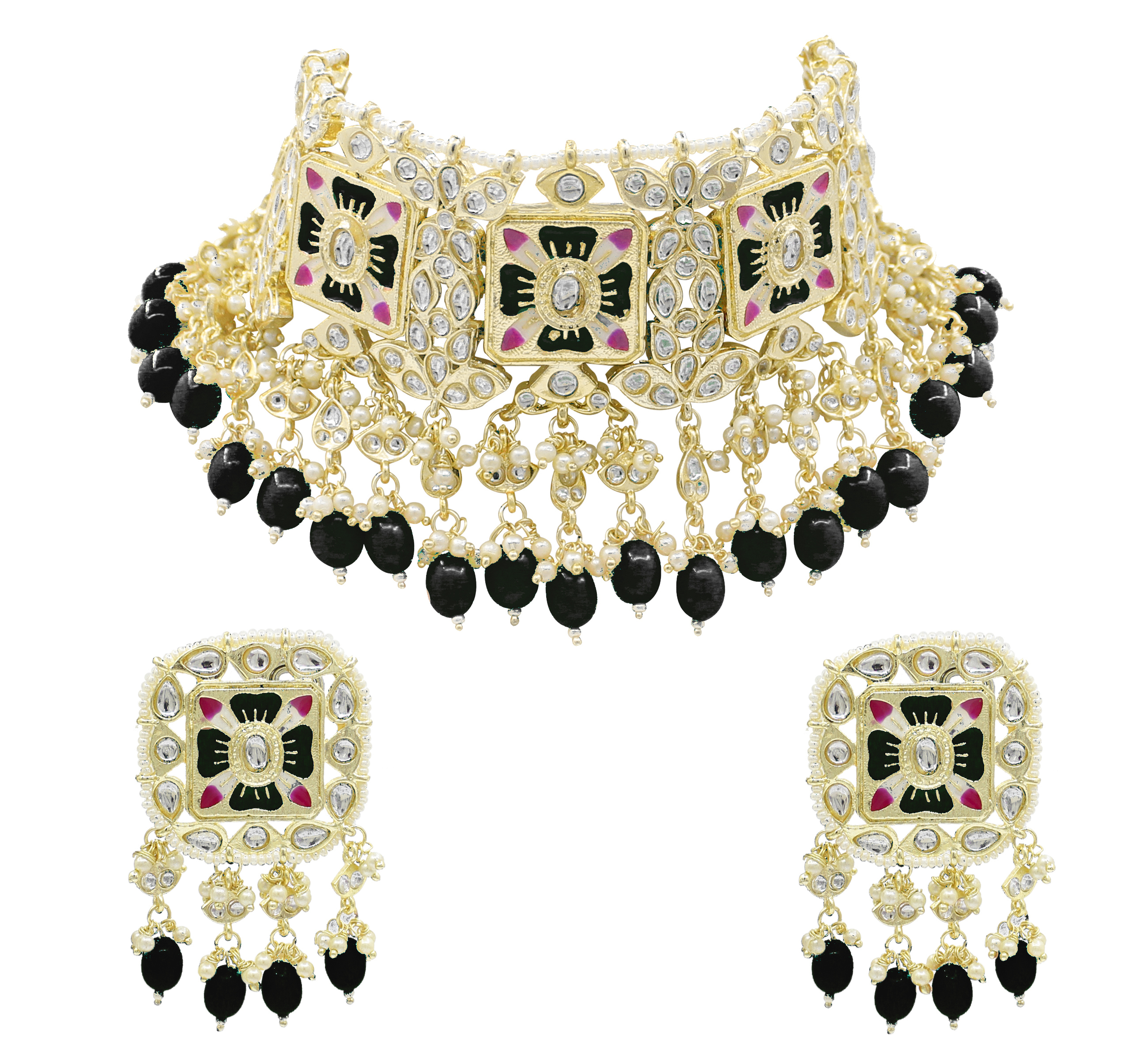 Meenakari Kundan & Beads Gold Plated Black Color Choker Necklace Set