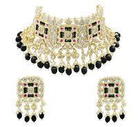 Meenakari Kundan & Beads Gold Plated Black Color Choker Necklace Set