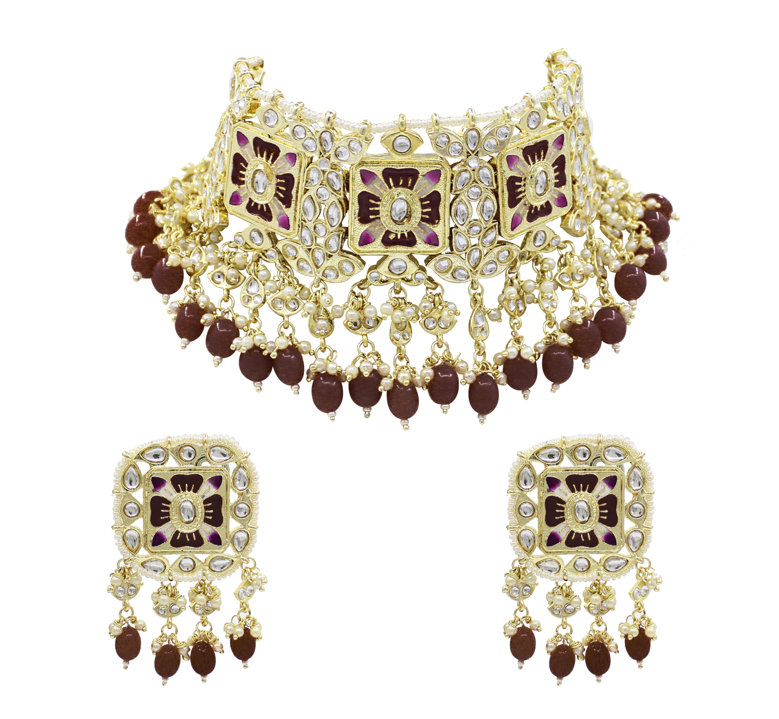 Meenakari Kundan & Beads Brown Color Choker Necklace Earring Set