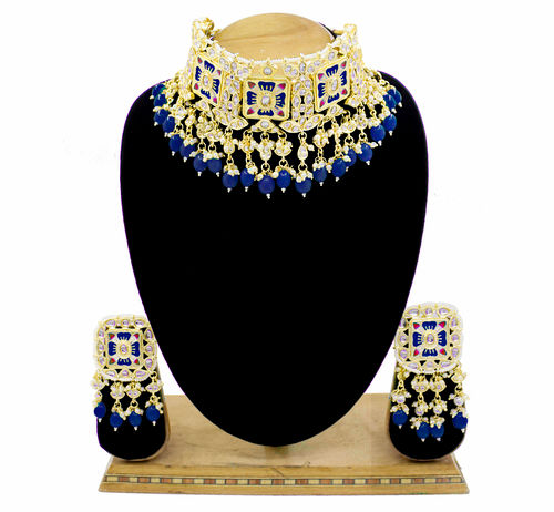 Meenakari Kundan Blue Color Choker Necklace Earring jewellery Set