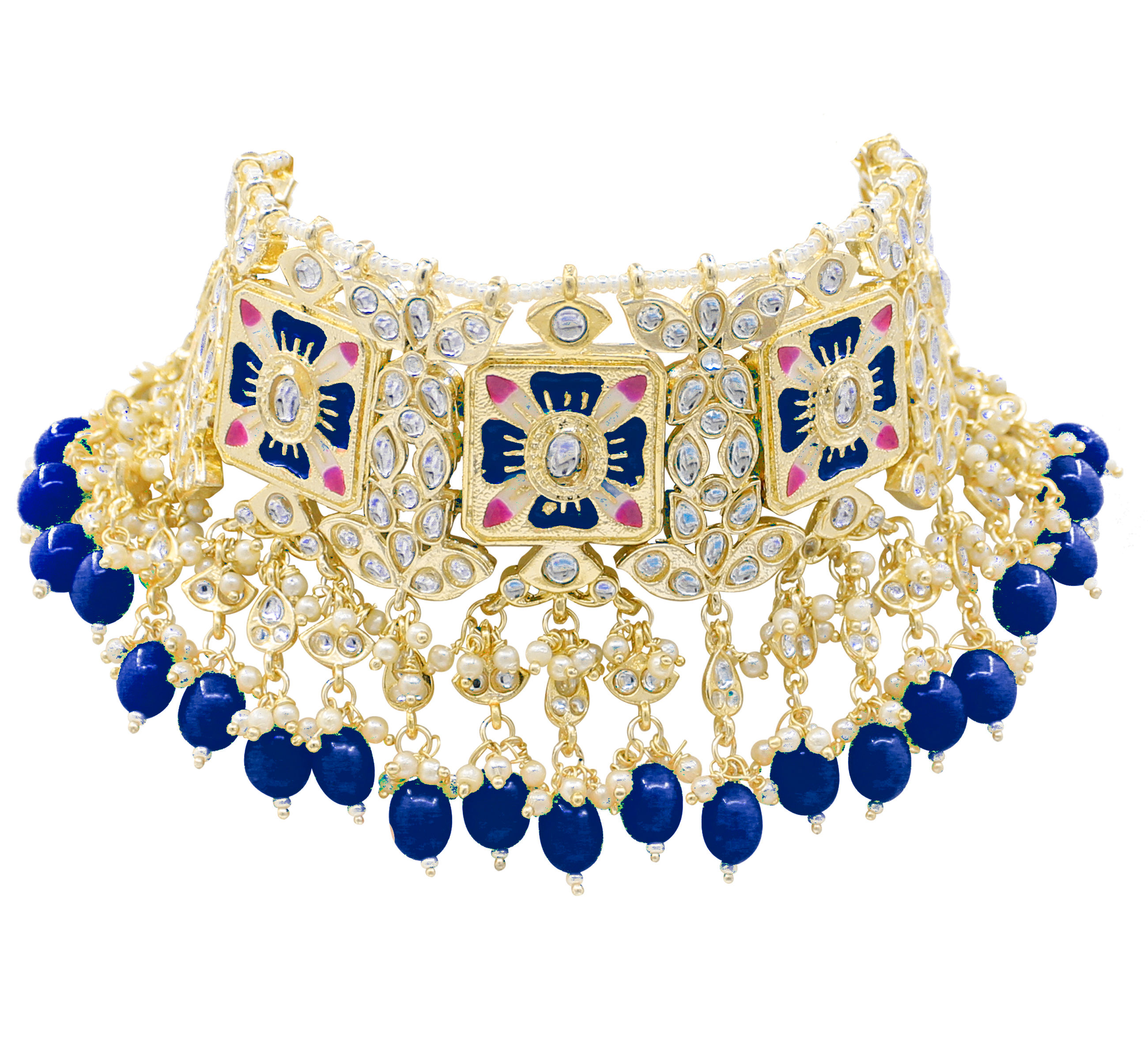 Meenakari Kundan Blue Color Choker Necklace Earring jewellery Set