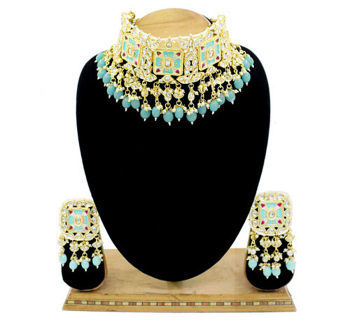 Traditional Design Meenakari Kundan Sky Blue Color Choker Necklace Set Drop Earrings