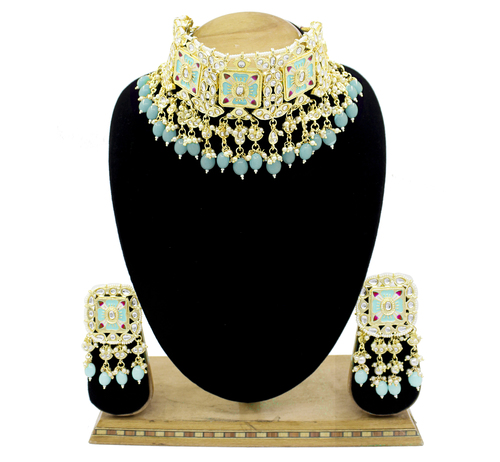 Traditional Design Meenakari Kundan Sky Blue Color Choker Necklace Set