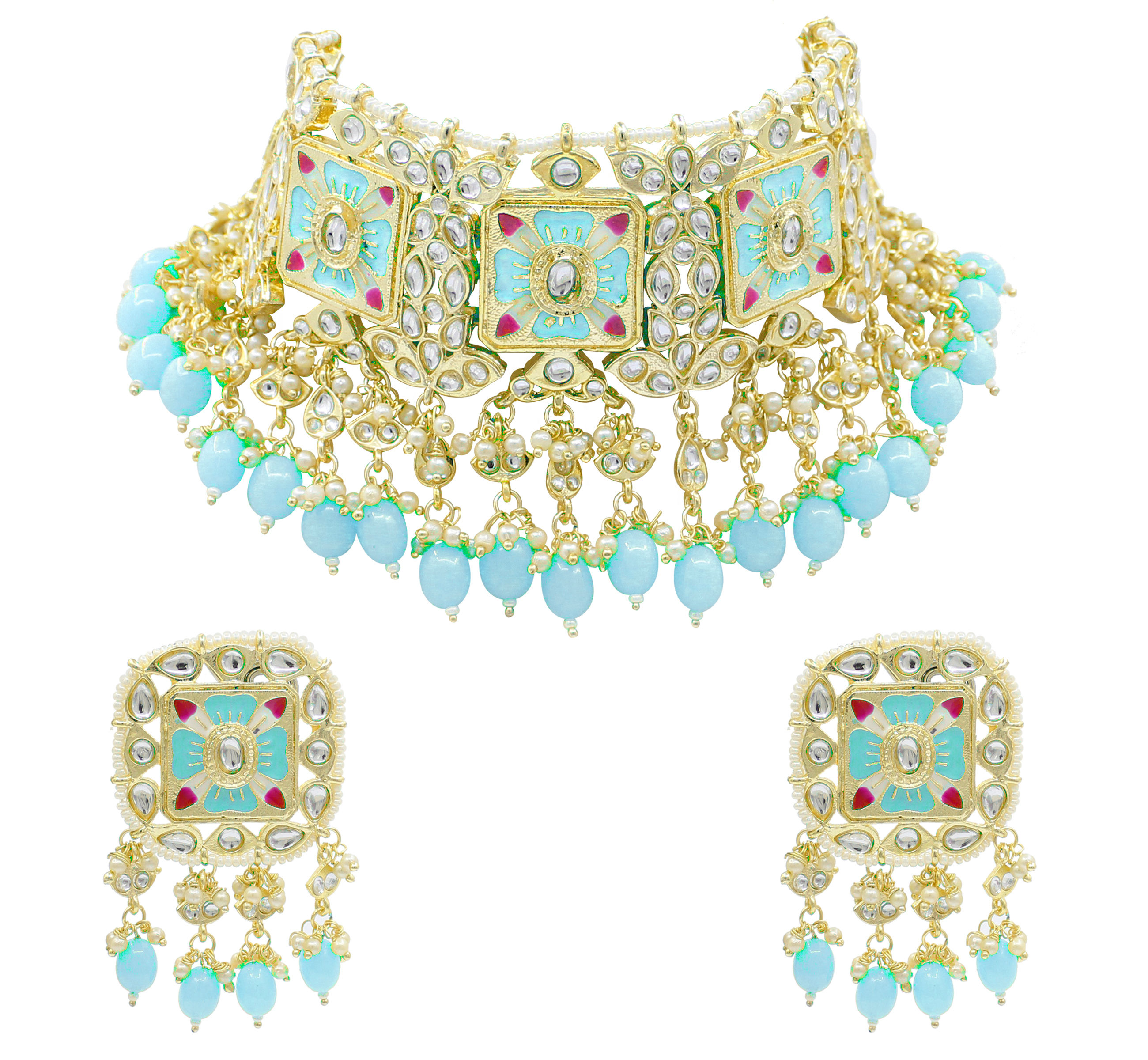 Traditional Design Meenakari Kundan Sky Blue Color Choker Necklace Set