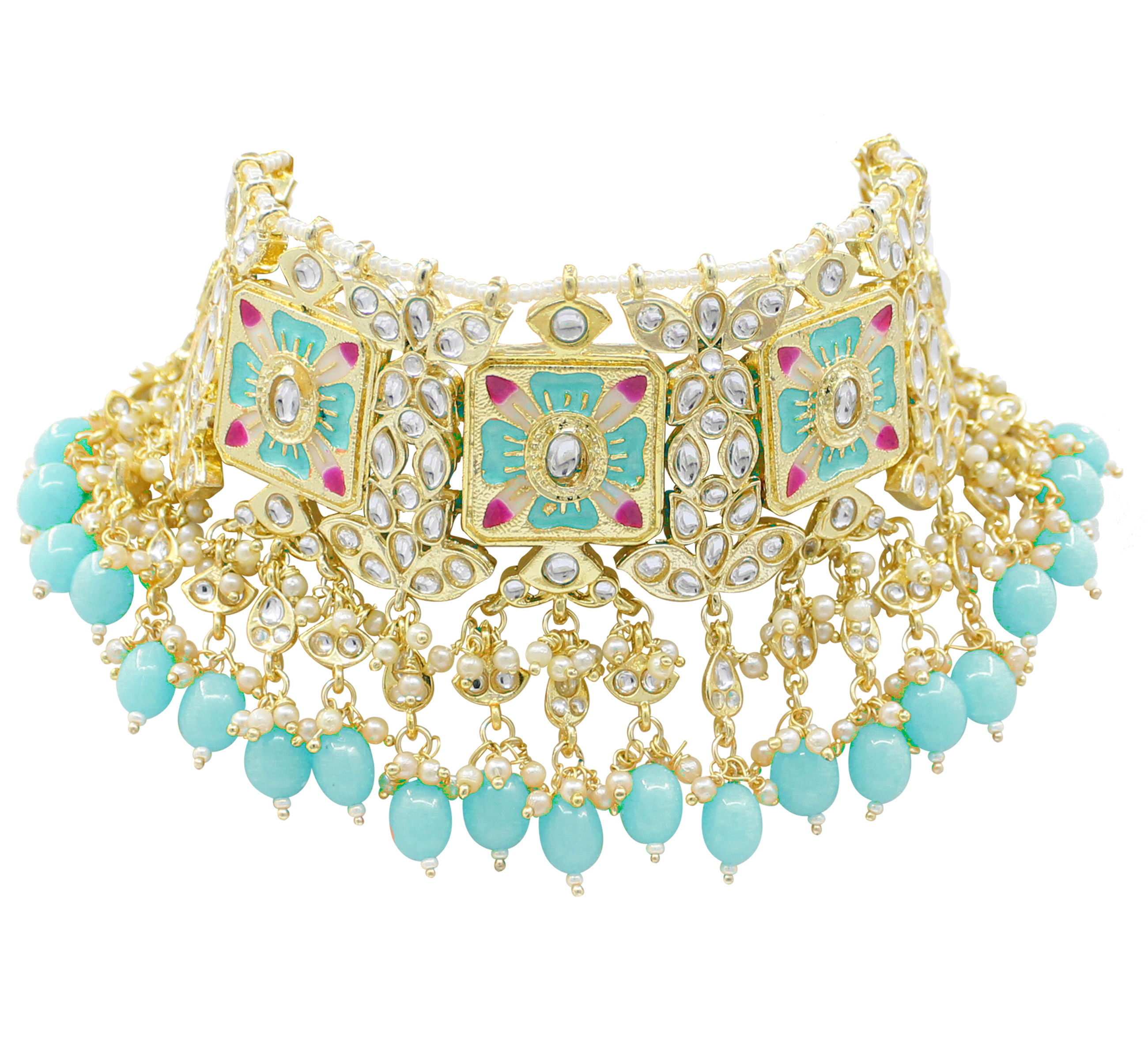 Traditional Design Meenakari Kundan Sky Blue Color Choker Necklace Set