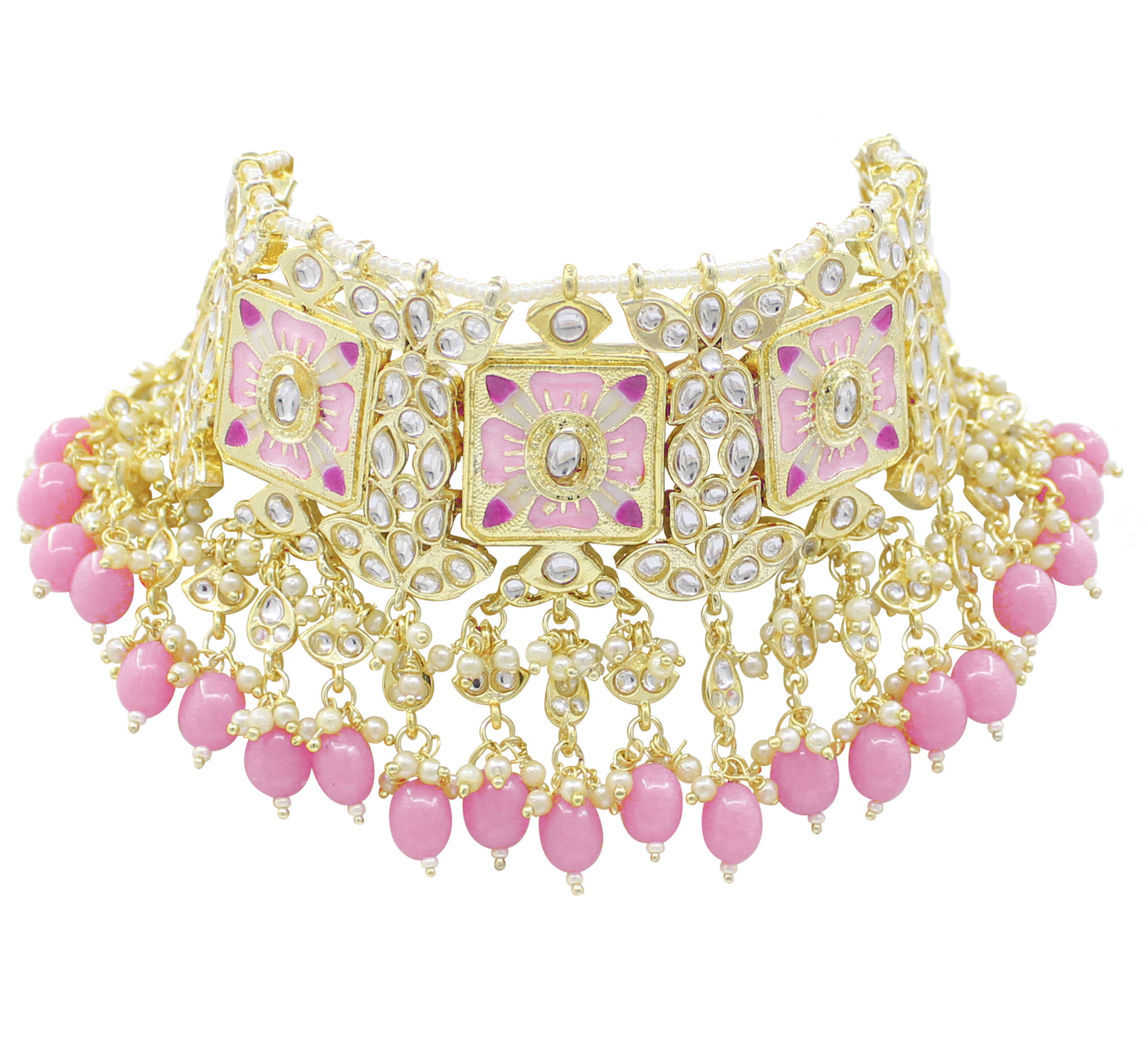 Meenakari Kundan Pink Color Choker Necklace Earring jewellery Set