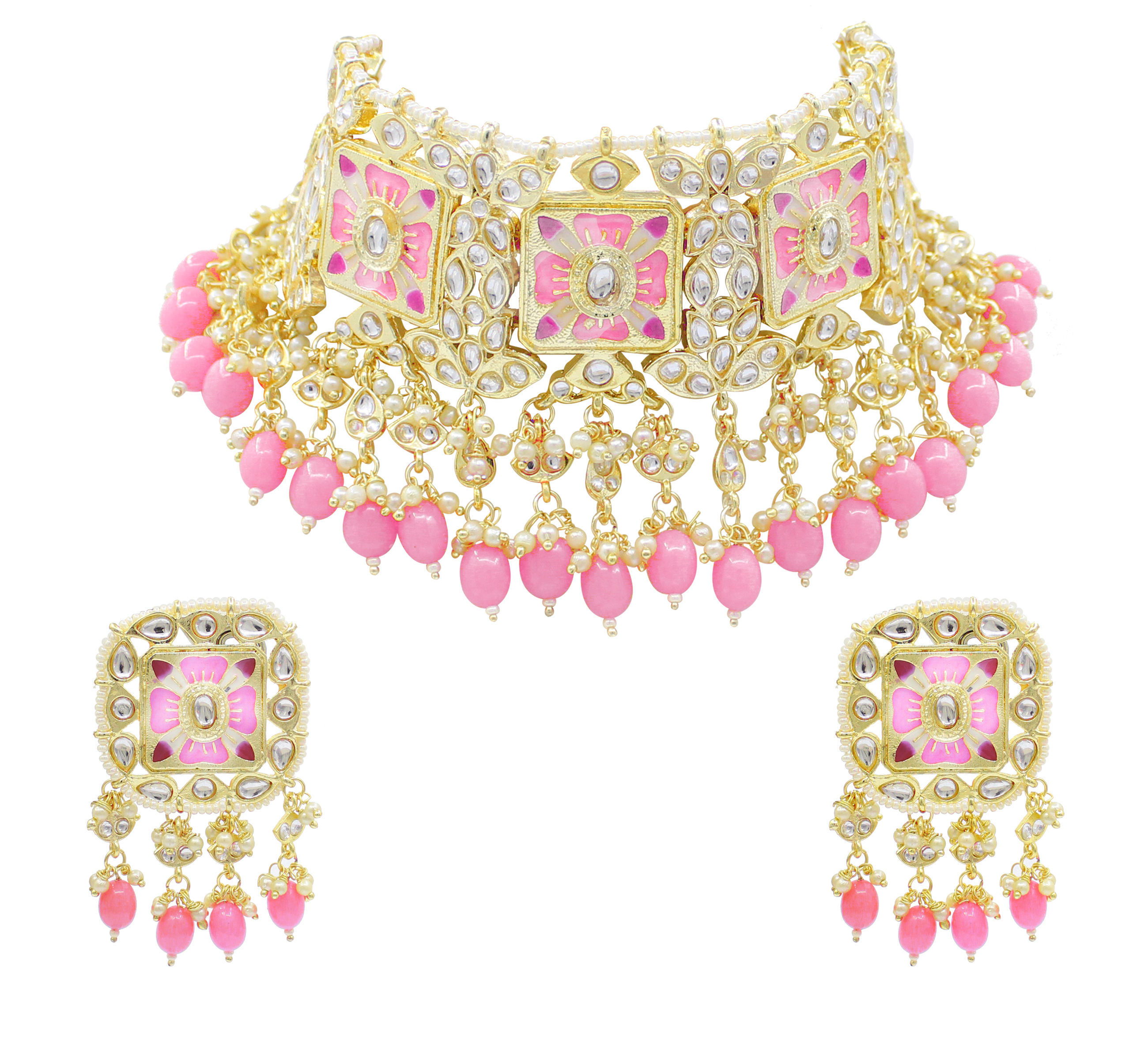 Meenakari Kundan Pink Color Choker Necklace Earring jewellery Set