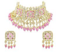 Meenakari Kundan Pink Color Choker Necklace Earring jewellery Set