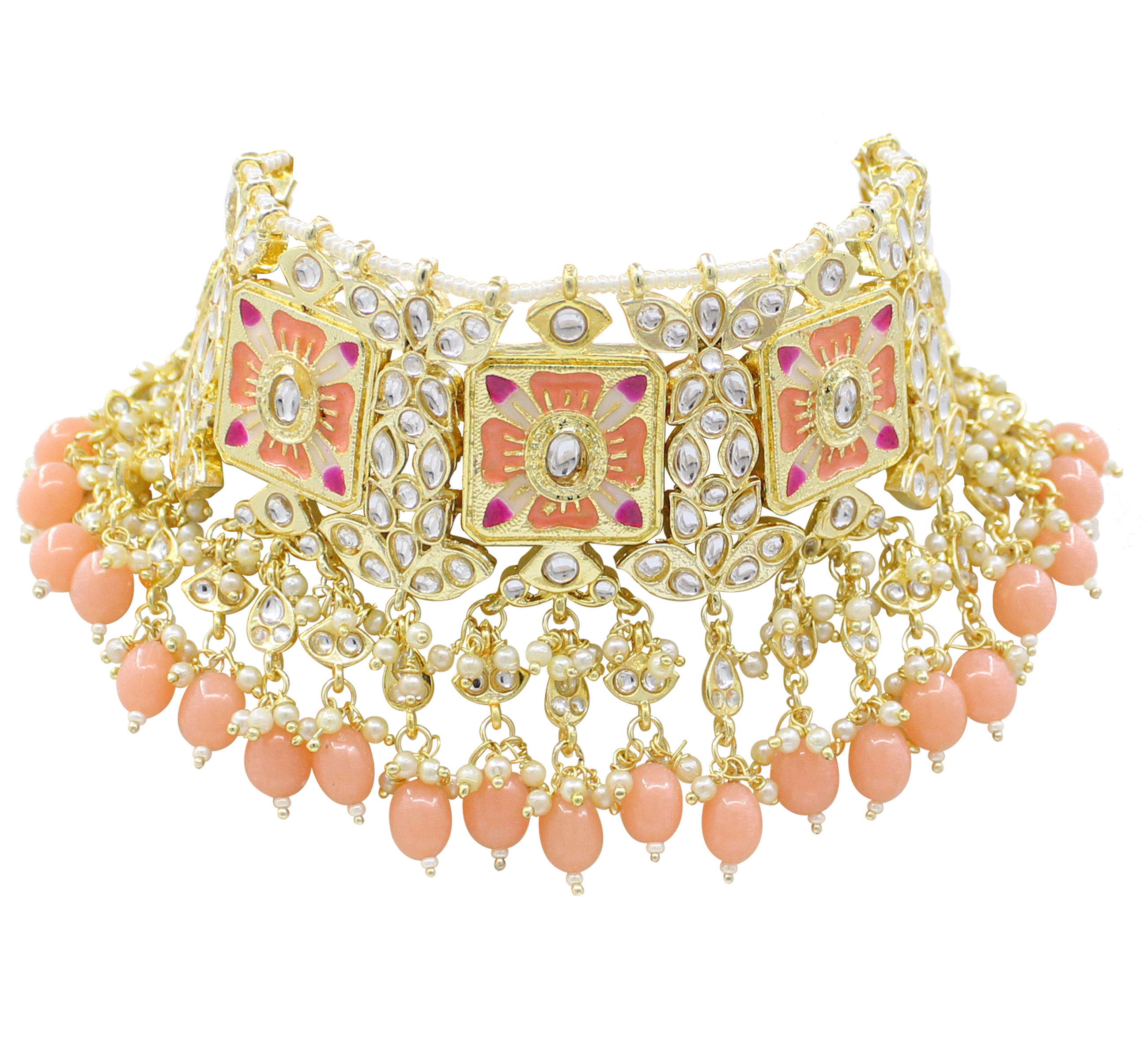 Meenakari Kundan Peach Color Choker Necklace Earring jewellery Set