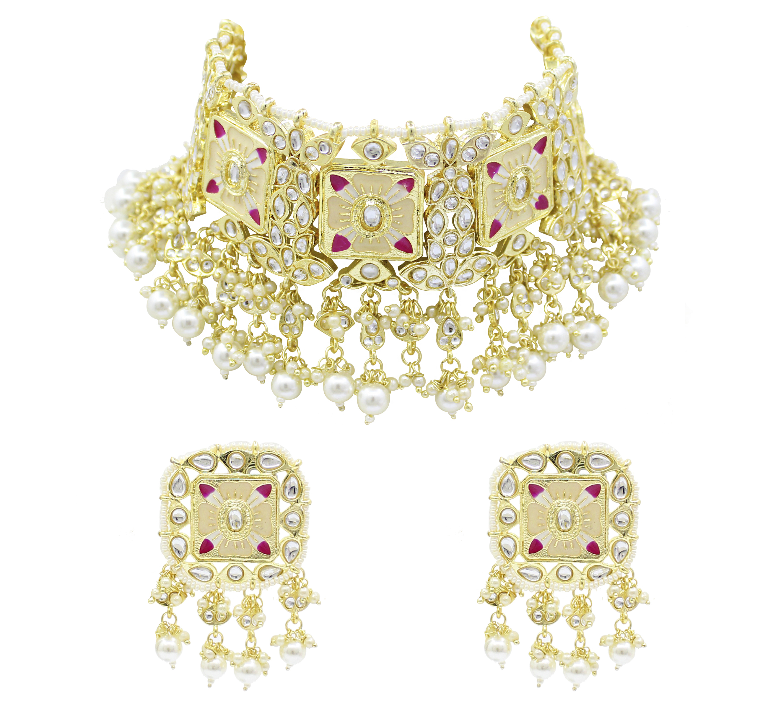 Traditional Design Meenakari Kundan White Color Choker Necklace Set
