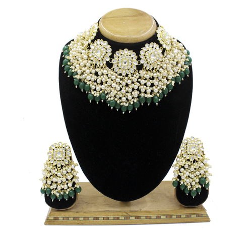 Party Gold Tone Kundan & Pearl Traditional Choker Necklace And Earring Set For Women & Girls