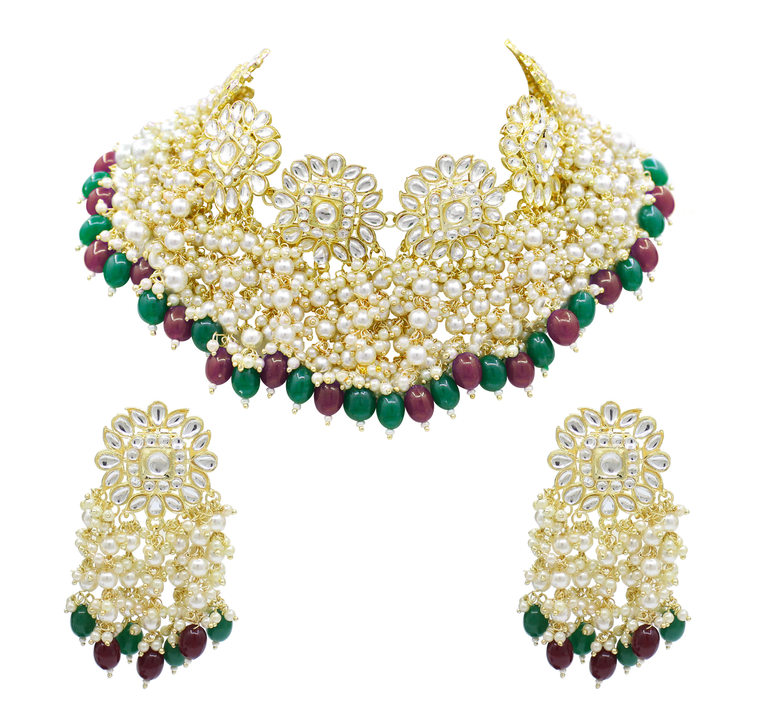 Gold Tone Kundan & Pearl Traditional Choker Necklace And Earring Set