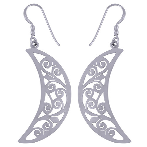 CRESCENT MOON JALI WORK FRAME PLAIN 925 STERLING SOLID SILVER EARRINGS